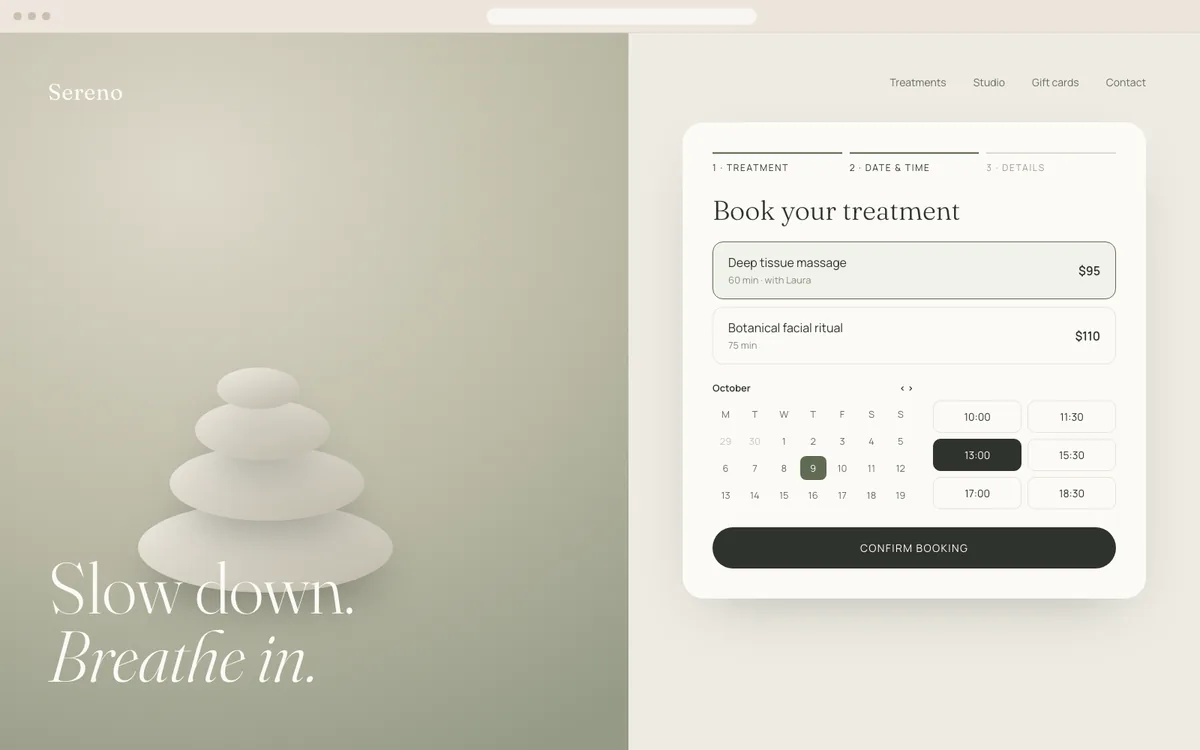 Conceptual Business website for Sereno, a fictional wellness studio: a homepage with an online booking panel showing treatments, a calendar and available time slots.