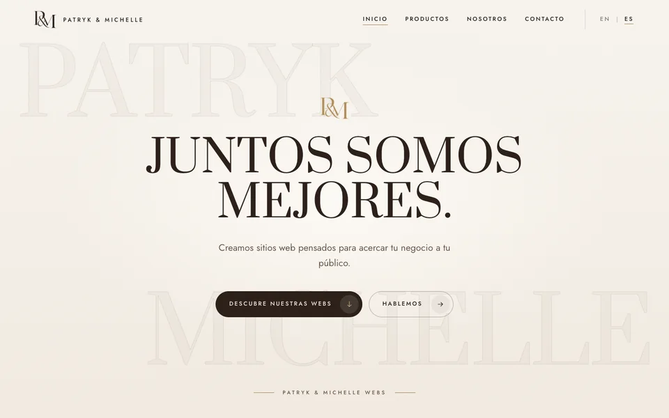 La página de inicio de Patryk & Michelle Webs en una pantalla de ordenador, con el titular Juntos somos mejores.